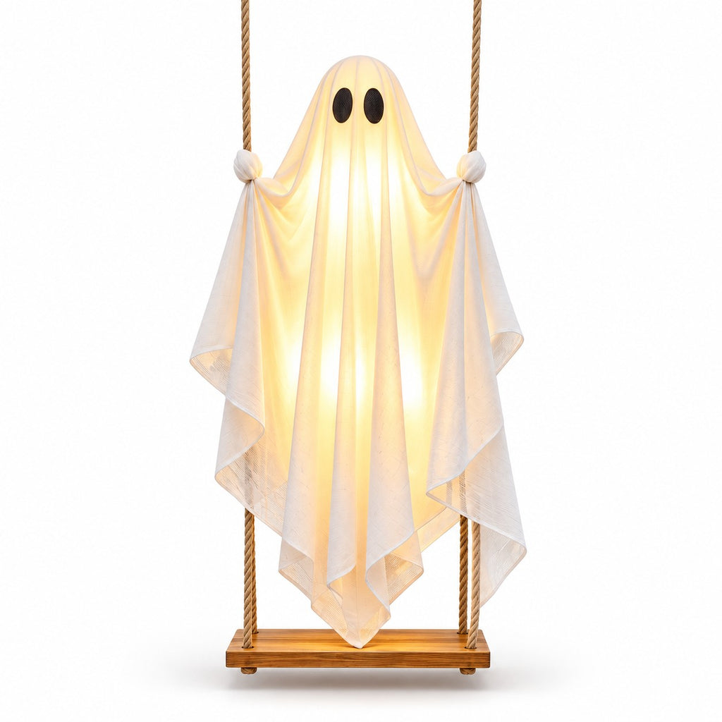 Festwick GlowSwing glowing ghost seated on a real wooden swing with hemp ropes, on white