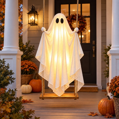 Festwick GlowSwing ghost swing glowing warm white on a front porch at dusk beside pumpkins