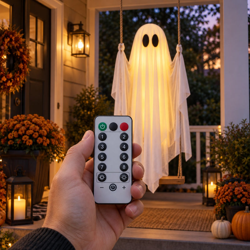 Hand holding the remote with the glowing ghost behind