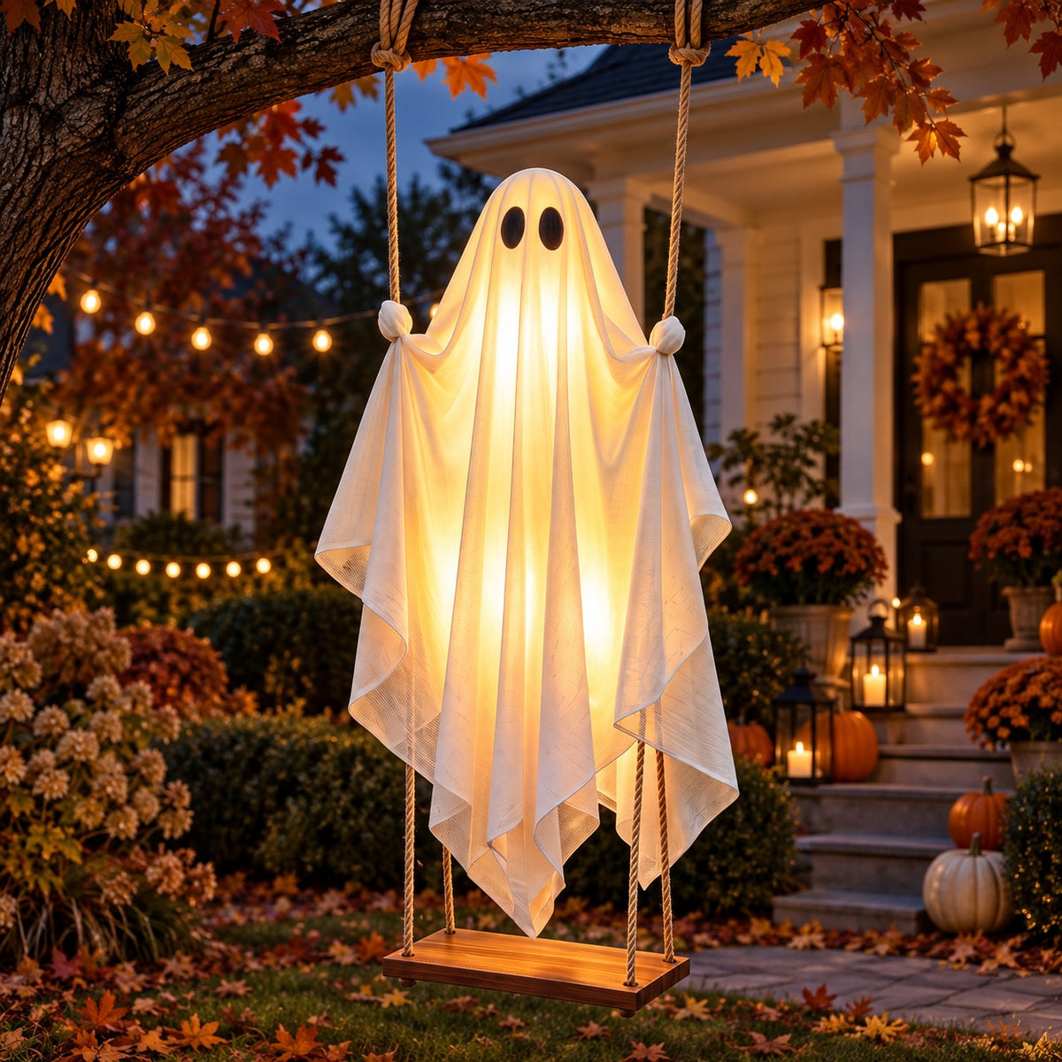 GlowSwing ghost hanging from a front-yard tree branch over the path at night