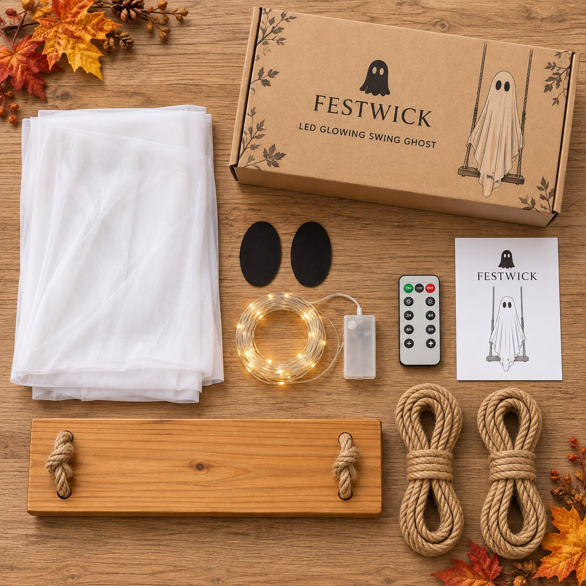 Everything in the box: ghost, wooden swing seat, hemp ropes, LED light string, remote, eye stickers