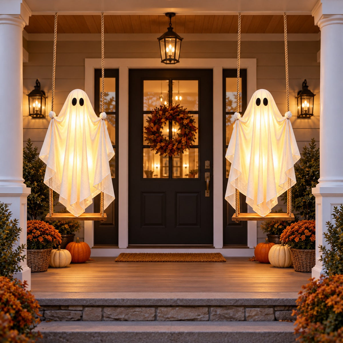 Two Festwick GlowSwing ghosts hung either side of a front door
