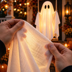 Close-up of the ghost fabric glowing from the light string inside