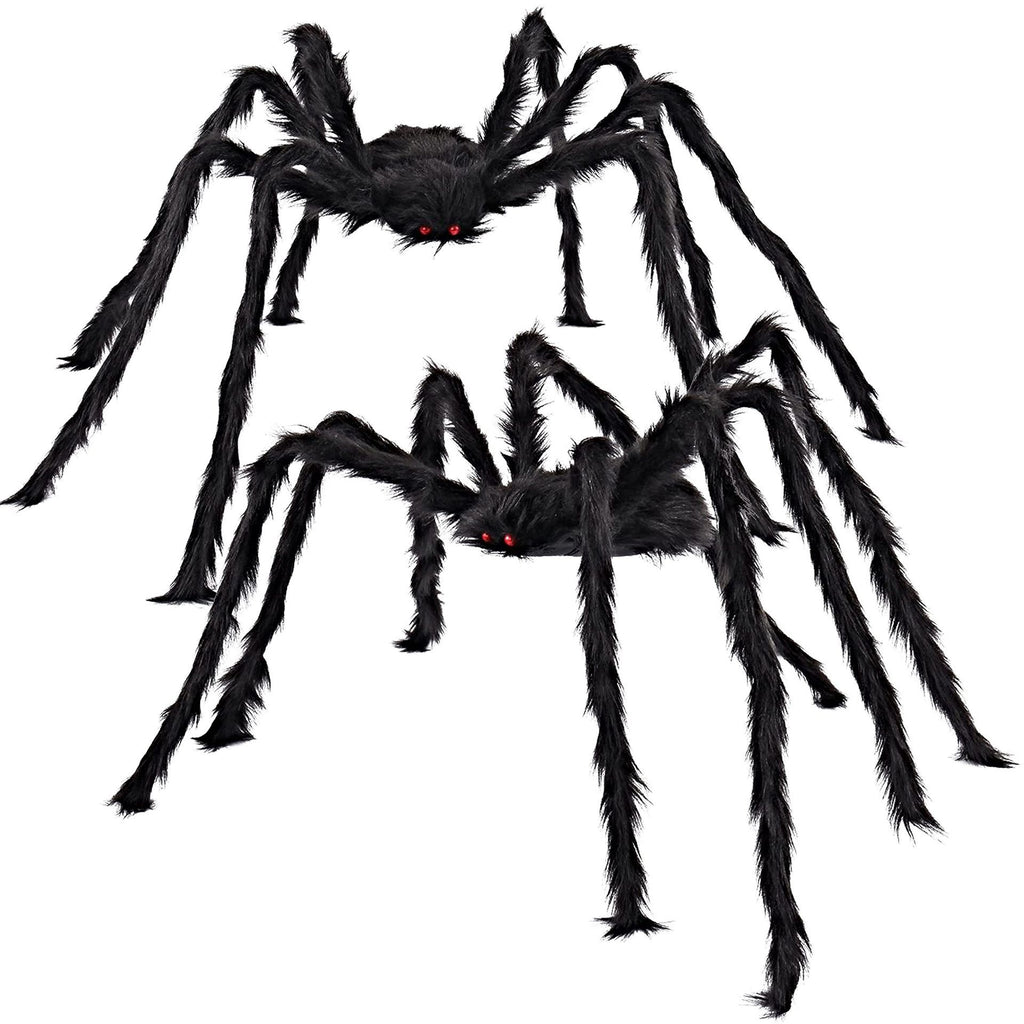 Two hairy black spiders with red eyes