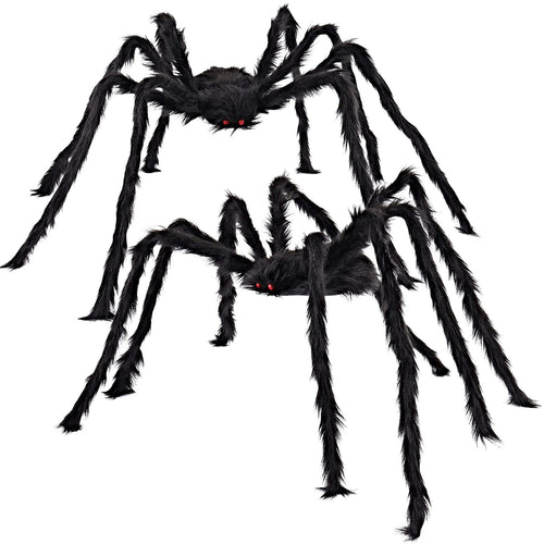 Two hairy black spiders with red eyes