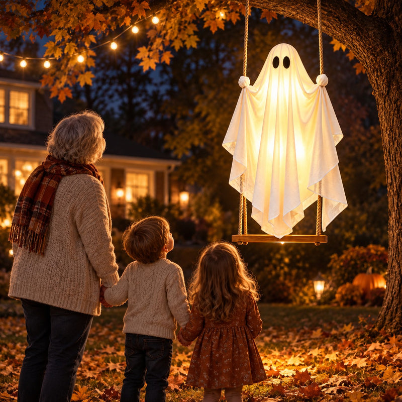 Grandmother and grandchildren looking at the glowing ghost swing