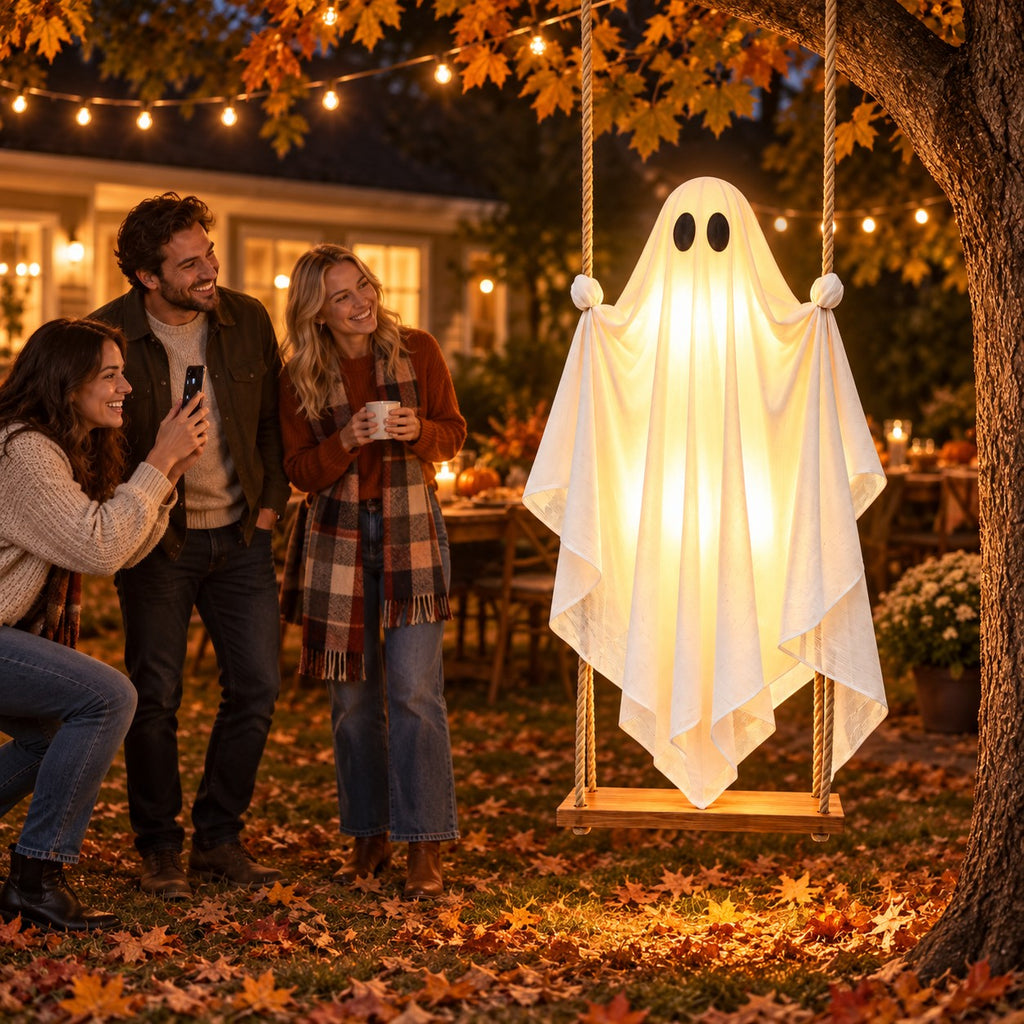 Friends on a porch using the remote to light the ghost swing