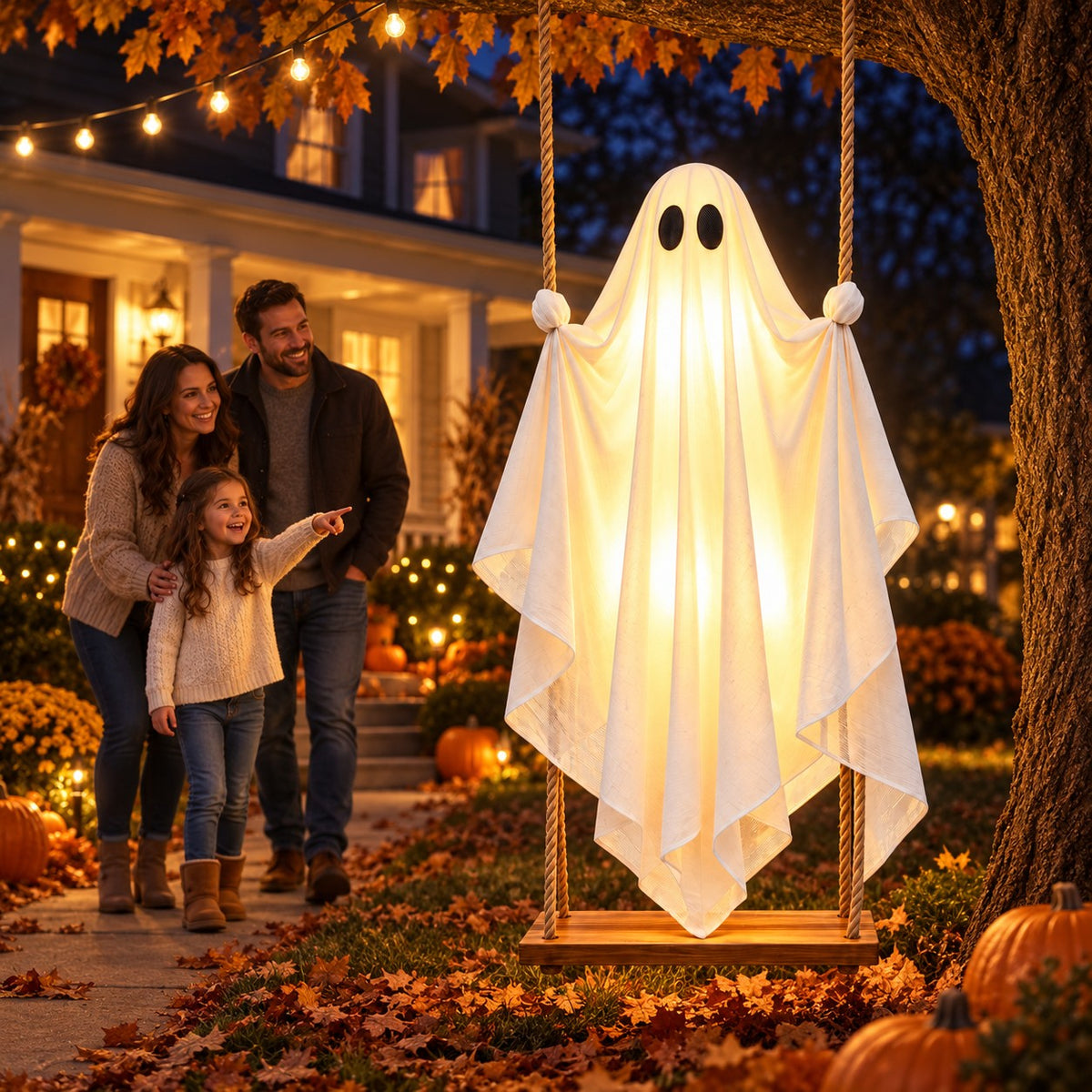 Family pointing at the glowing ghost swing from the front path
