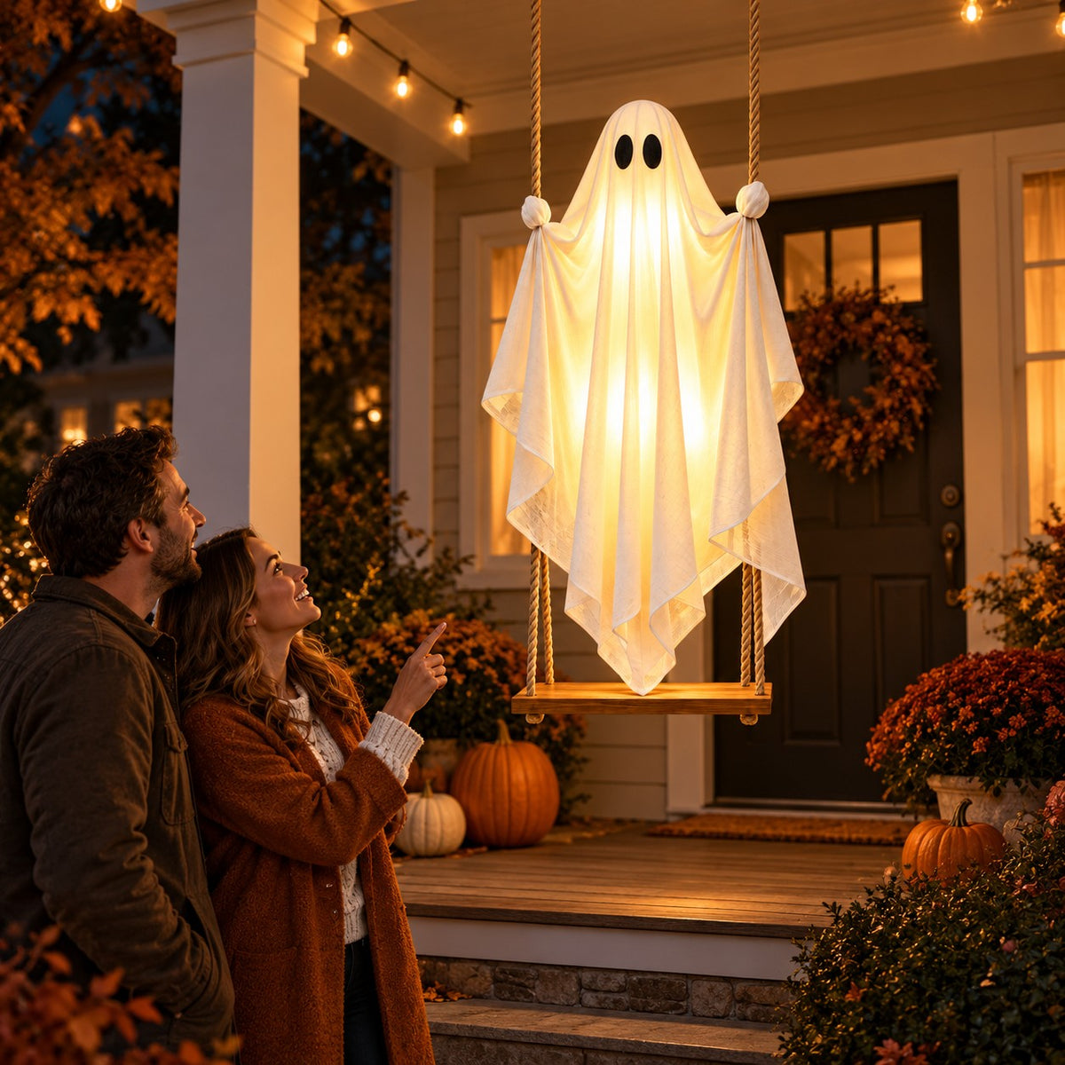 Couple on a porch at night with the Festwick GlowSwing lit